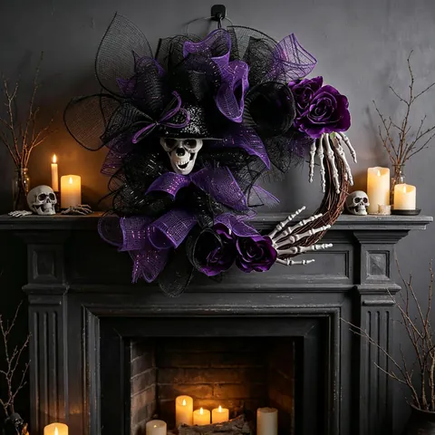 Γοτθικό Στεφάνι Halloween Σκελετός Νεκροκεφαλή Τριαντάφυλλο Πλέγμα Διακόσμηση για Πόρτα Τοίχο Πάρτι Σπίτι Σκηνικό