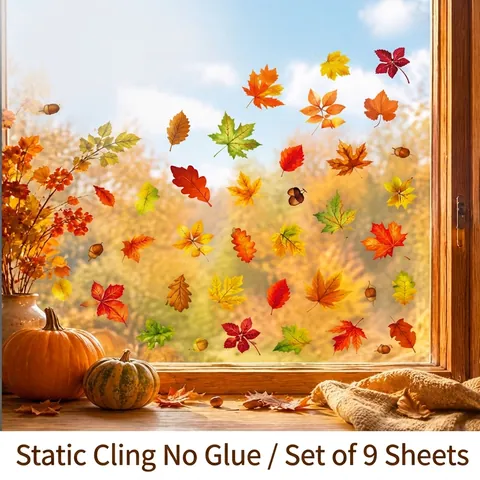 Vetrofanie Autunno Ringraziamento Doppia Faccia Statica PVC Foglie Acero Zucche Gnomi Decorazione Casa