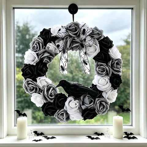 Halloween Artificial Rose Wreath With Black Raven Crow Gothic Door Hanging Decoration Spider Web Ribbon Bow Festive Party Wreath