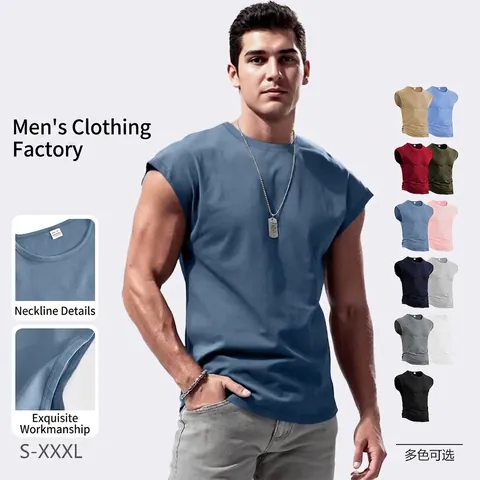 Men Muscle Tank Top Sleeveless T-Shirt Polyester Breathable Casual Sports Slim Fit Round Neck Solid Color Youth Fashion