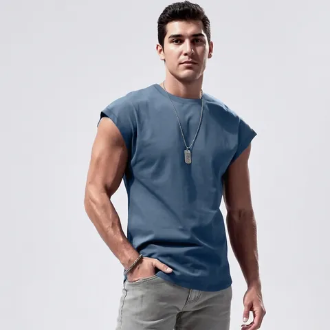 Men Muscle Tank Top Sleeveless T-Shirt Polyester Breathable Casual Sports Slim Fit Round Neck Solid Color Youth Fashion