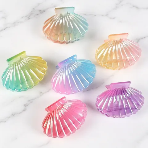 Shell Shaped Hair Claw Clip Iridescent Gradient Pearlescent Plastic Shark Clip Strong Hold Hair Accessory For Women