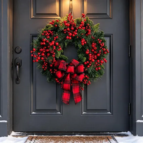 Ghirlanda Di Natale Con Bacche Rosse Aghi Di Pino Artificiali Fiocco A Quadretti Per Decorazione Porta Parete Festa