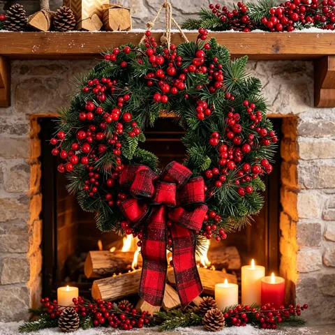 Ghirlanda Di Natale Con Bacche Rosse Aghi Di Pino Artificiali Fiocco A Quadretti Per Decorazione Porta Parete Festa