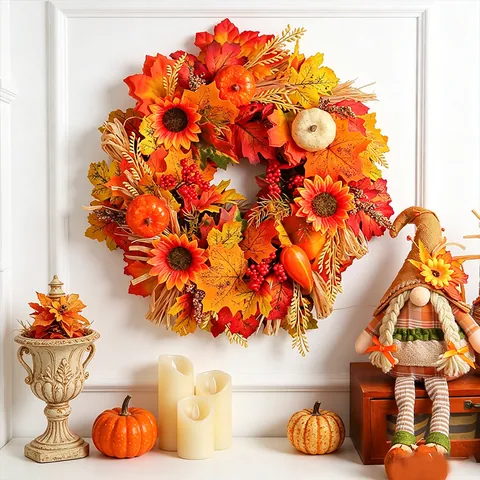 Artificial Autumn Wreath With Maple Leaves Sunflowers Pumpkins Berries Pine Cones Thanksgiving Harvest Festival Front Door Decor