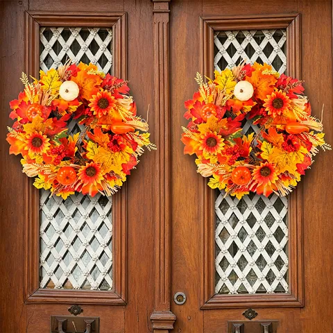 Artificial Autumn Wreath With Maple Leaves Sunflowers Pumpkins Berries Pine Cones Thanksgiving Harvest Festival Front Door Decor