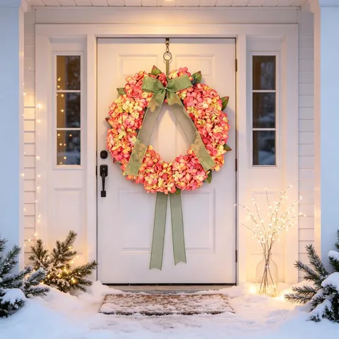 Artificial Autumn Hydrangea Wreath Green Bow Front Door Hanging Thanksgiving Christmas Farmhouse Courtyard Home Decor