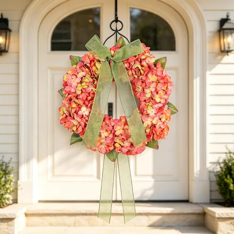 Artificial Autumn Hydrangea Wreath Green Bow Front Door Hanging Thanksgiving Christmas Farmhouse Courtyard Home Decor