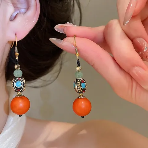 New Chinese Style Retro Ethnic Drop Earrings Resin Polymer Clay Round Bead Gold Plated Ear Hooks For Women Niche Jewelry