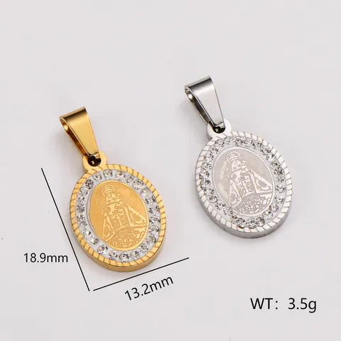 Vintage Stainless Steel Oval Religious Portrait Pendant Rhinestone Inlaid Gold Plated Medallion For Men Women Jewelry