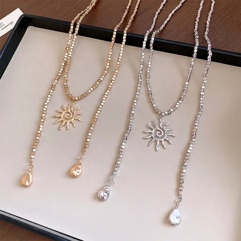 Bohemian Alloy Geometric Square Bead Sun Pendant Necklace For Women Western Style Long Chain Sweater Jewelry Gold Silver