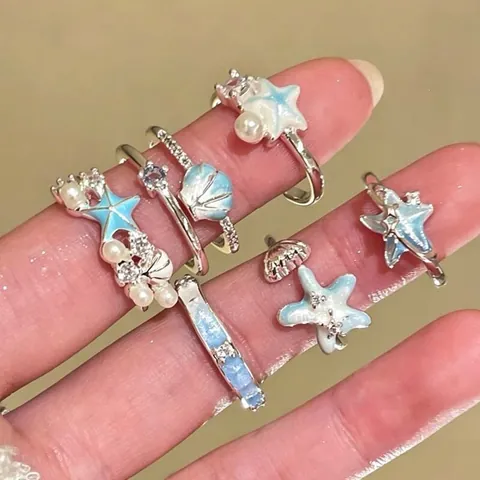 Oceaan Thema Zeester Parel Emaille Open Ring Voor Vrouwen Verstelbaar Strand Vakantiestijl Zeeschelp Strass Ingelegde Sieraden Accessoire