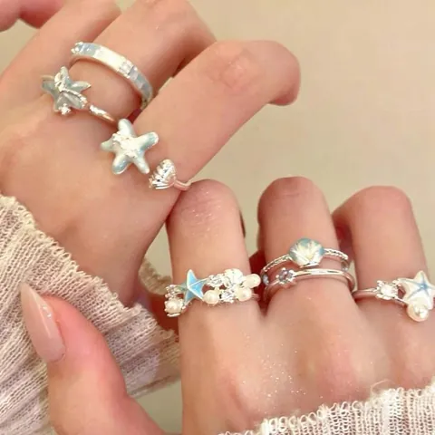 Oceaan Thema Zeester Parel Emaille Open Ring Voor Vrouwen Verstelbaar Strand Vakantiestijl Zeeschelp Strass Ingelegde Sieraden Accessoire