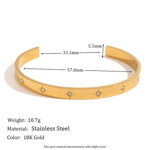 Bracciale Rigido Aperto in Acciaio Inossidabile Minimalista da Donna Placcato Oro 18K Stella a Otto Punte con Strass Incastonati