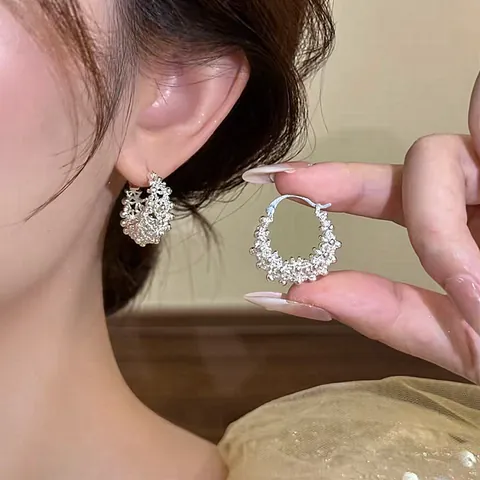 Vintage Luxury Alloy Hollow Round Flower Basket Hoop Earrings For Women Fashion Silver Color Ear Buckle Jewelry Gift