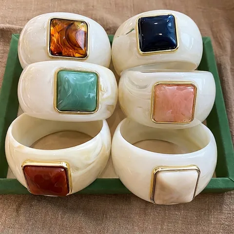 European American Fashion Acrylic Wide Bangle Women Marble Texture Square Resin Inset Gold Plated Alloy Frame Bracelet Jewelry
