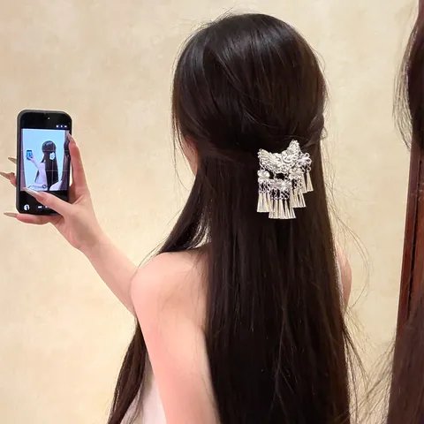 Ethnic Style Vintage Silver Iron Tassel Hair Clip New Chinese Style Hmong Bird Pattern Duckbill Hairpin Women Hair Accessories