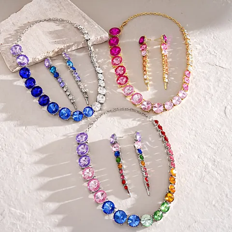 Luxury Alloy Rhinestone Gradient Round Necklace Exquisite Dopamine Style Clavicle Chain Necklace For Women Banquet Jewelry Gift