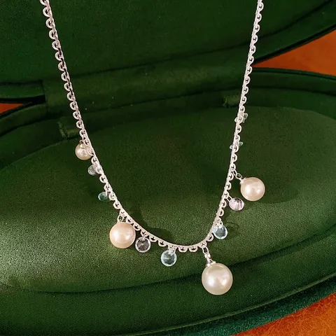 Leichter Luxus Kupfer Zirkonia Quaste Spitze Künstliche Perle Halskette Für Damen Süß Silber Farbe Schlüsselbeinkette Urlaub Schmuck Geschenk