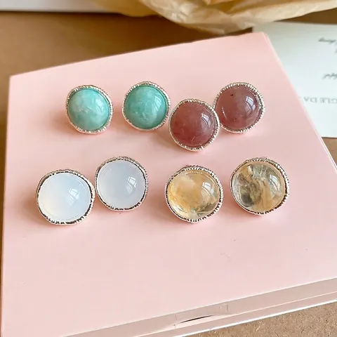 Vintage Round Agate Stud Earrings Light Luxury Small Circle Geometric Stone Earrings For Women Silver Earring Post Copper Inlaid Jewelry