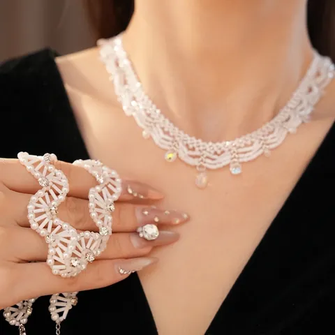 Vintage Palace Style Glass Beaded Wave Lace Necklace Luxury Rhinestone Artificial Pearl Choker For Women Vacation Jewelry Gift