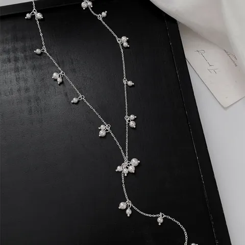 French Luxury Y-Shaped Gypsophila Artificial Pearl Necklace For Women Alloy Silver Plated Clavicle Chain Elegant Tassel Jewelry