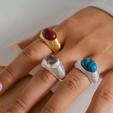 Anillo Abierto Geométrico Arrugado Chapado en Oro de 18K Vintage Mujer Estilo Industrial Pesado Strass Ovalado Anillo Ajustable