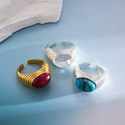 Anillo Abierto Geométrico Arrugado Chapado en Oro de 18K Vintage Mujer Estilo Industrial Pesado Strass Ovalado Anillo Ajustable