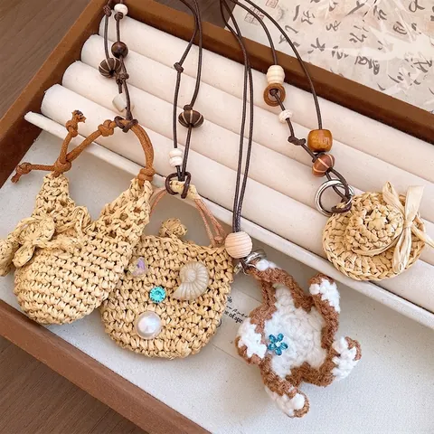 Handgemaakte Geweven Papierstro Hanger Halsketting Vrouwen Houten Kralen Leren Koord Boheemse Strandvakantie Trui Ketting Sieraden