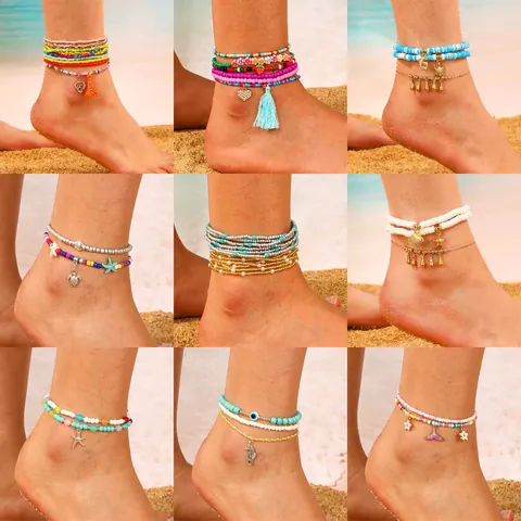 Tobillera Multicapa Bohemia Estilo Océano Concha Estrella de Mar Mostacillas para Mujer Joyería de Playa Aleación Hecho a Mano Cadena de Pie