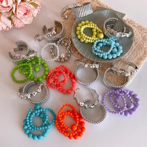 Bohemian Acrylic Beaded Bracelet Set For Women Fashion Silver Color Metal Open Bangle Geometric Layered Hand Jewelry Vacation Accessory