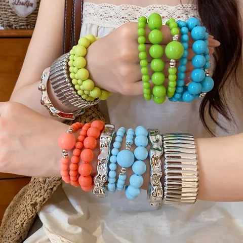 Bohemian Acrylic Beaded Bracelet Set For Women Fashion Silver Color Metal Open Bangle Geometric Layered Hand Jewelry Vacation Accessory
