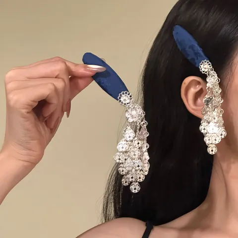New Chinese Style Blue Printed Fabric Flower Hair Clip with Silver Water Drop Tassels Vintage Iron BB Clip Accessory Women