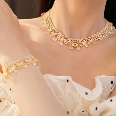 Paleisstijl Vintage Glazen Kraal Kralen Kant Ketting Armband Sieradenset Voor Vrouwen Elegante Sleutelbeenketing Waterdruppel Hanger
