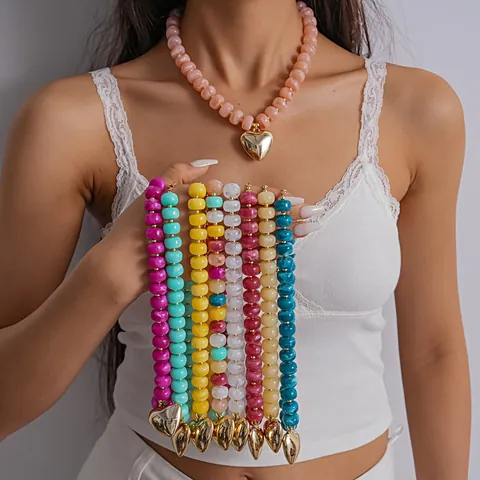 Acrylic Heart Pendant Necklace For Women Dopamine Colors Exaggerated Chunky Bead Ink Wash Clavicle Chain Jewelry