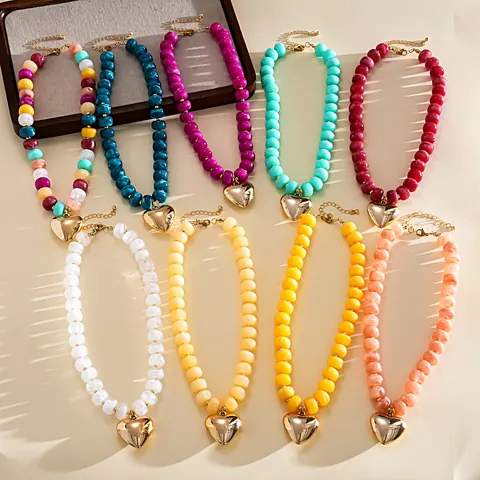 Acrylic Heart Pendant Necklace For Women Dopamine Colors Exaggerated Chunky Bead Ink Wash Clavicle Chain Jewelry