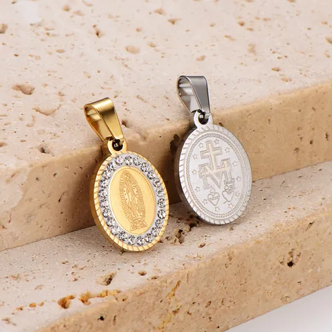 Vintage 18K Gold Plated Stainless Steel Virgin Mary Oval Medallion Rhinestone Religious Portrait Pendant Necklace Jewelry
