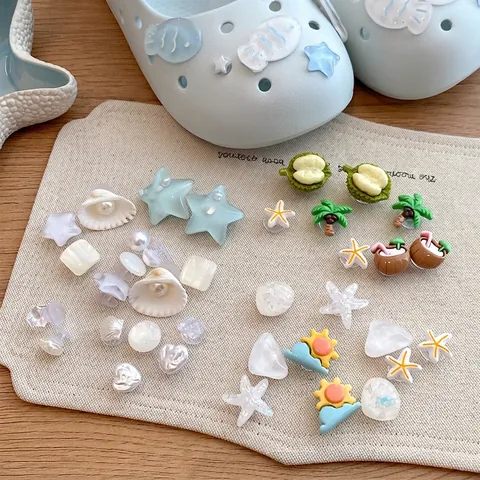 Summer Beach Vacation Style Shoe Charms For Clogs Resin Pearl Shell Starfish Coconut DIY Shoe Decoration Buckle Accessories For Women Kids