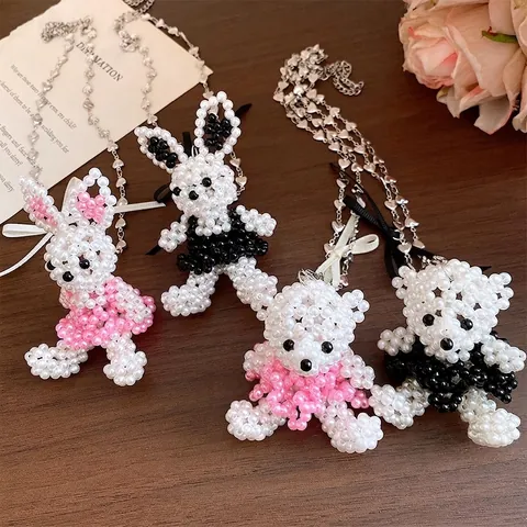 Collier Pendentif Ours Lapin en Perles Artificielles Fait Main Avec Nœud en Ruban de Satin Chaîne à Maillons Coeur Bijoux pour Femmes