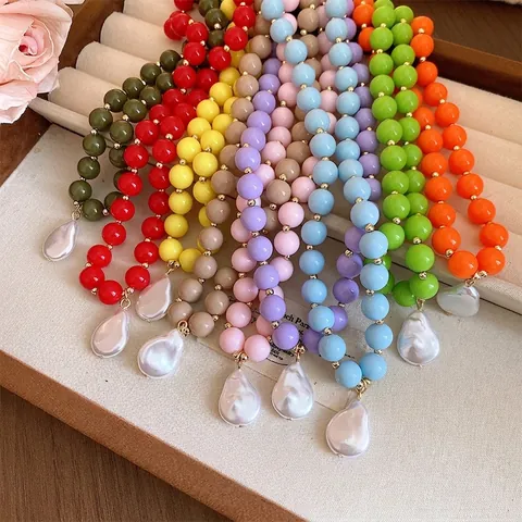 European Acrylic Round Bead Necklace For Women Baroque Artificial Pearl Pendant Choker Fashion Commuter Jewelry Gift