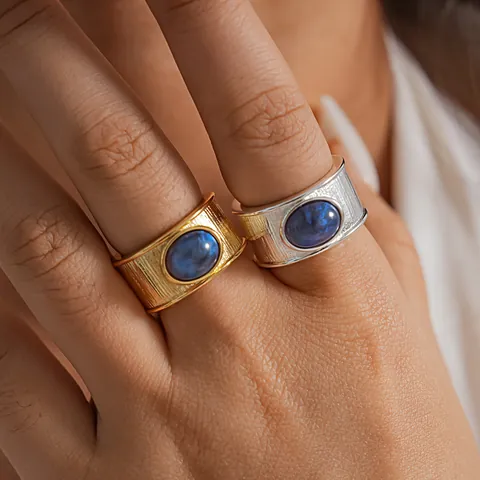 18k Gold Plated Copper Retro Wide Open Ring For Women With Oval Blue Ink Washed Resin Stone Ins Style Adjustable Finger Jewelry
