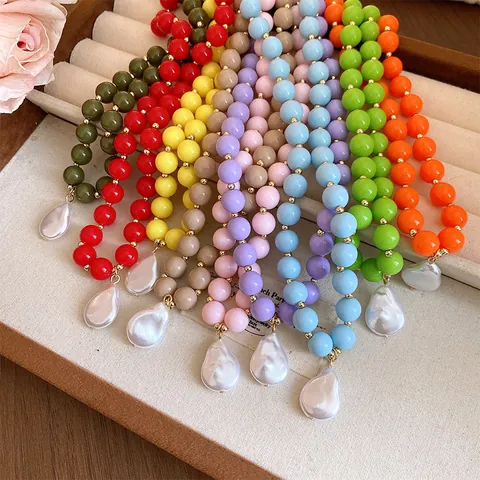 Collar de Cuentas Redondas de Acrílico Europeo para Mujer Colgante de Perla Artificial Barroca Gargantilla Joyería de Moda