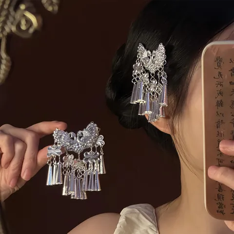 Vintage Silver Iron Butterfly Flower Tassel Hair Clip Exaggerated Duckbill Side Clip Chinese Style Hair Accessory For Women