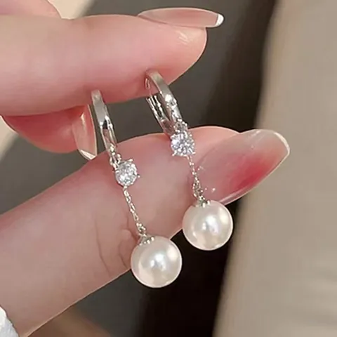 Light Luxury Silver Color Huggie Earrings With Sparkling Zirconia And Round Artificial Pearl Dangle Exquisite Jewelry For Women