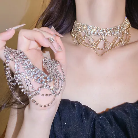 Luxus Kupfer Mehrlagige Strass Spitze Quaste Halskette Für Damen Elegante Hochzeit Party Fransen Choker Kragen Statement Schmuck