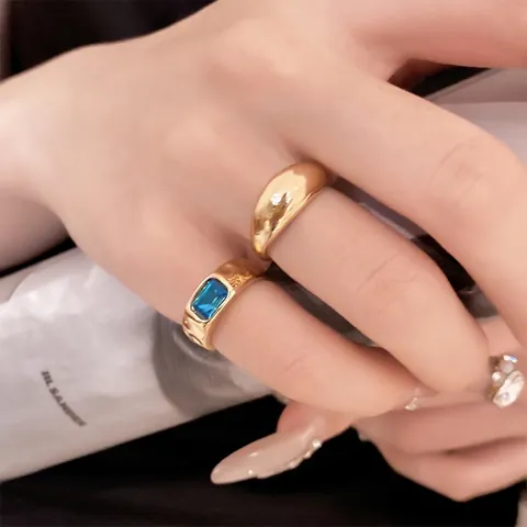 Minimalistisches Legierung Gold Plattiert Strass Offenes Ring Set Für Damen Modisch Blau Rechteckig Edelstein Zehenring Schmuck