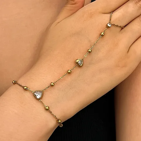 Bracelet Bague en Acier Inoxydable pour Femmes Chaîne à Billes Cœur Gouttelette Design Ajouré Strass Bijoux en Or