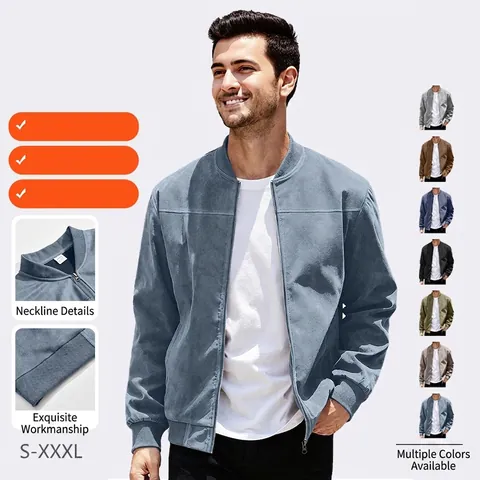 Heren Bomberjack Vintage Suède Rits Opstaande Kraag Casual Slim Fit Lange Mouwen Geribbelde Bovenkleding Jas