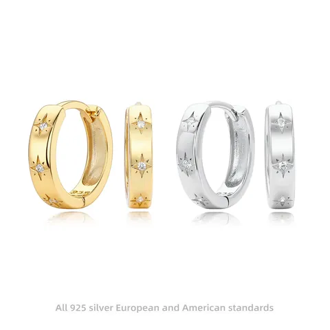 Pendientes De Aro Con Estrella De Octagrama Plata De Ley 925 Con Incrustación De Circonita Cúbica Joyería Minimalista