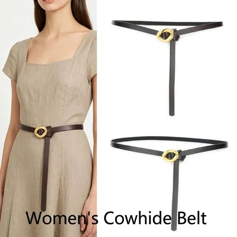 Ceinture Fine en Cuir Véritable pour Femmes Mode Casual Robe Ceinture de Taille avec Boucle Ronde en Métal Doré Ajustable